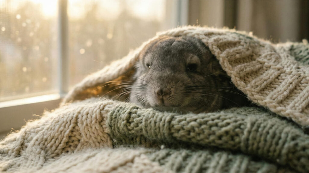 Ein Chinchilla liegt chillend unter einer flauschigen Decke und relaxed.