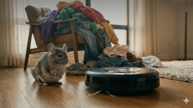 Ein Chinchilla schaut einem Saugroboter beim saugen zu und im Hintergrund eines modernen Zimmers liegen viele Klamotten auf dem Stuhl.