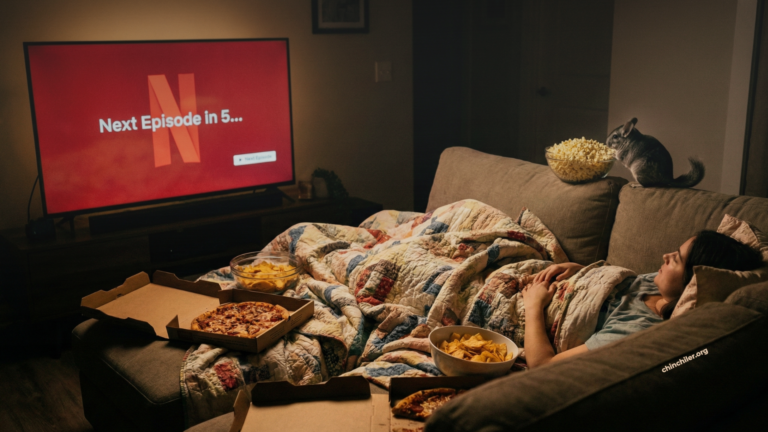 Ein großer Fernsehbildschirm leuchtet im Dunkeln und zeigt die Netflix-Oberfläche „Nächste Folge“. Eine Person liegt unter einem Berg von Decken auf einem tiefen Sofa begraben, umgeben von offenen Pizzakartons und Snackschalen. Das Hauptlicht kommt vom Fernsehbildschirm. Im Hintergrund sitzt ein Chinchilla auf den Sofakissen direkt neben einer Schüssel Popcorn und starrt konzentriert auf den Fernsehbildschirm.