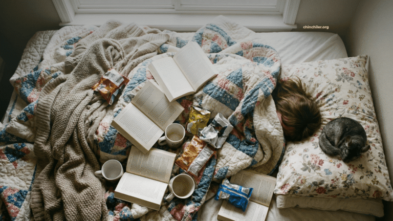 Eine Person, die vollständig in einem „Nest“ aus Decken, Kissen, offenen Büchern und Snackverpackungen begraben ist, nur ein Haarbüschel ist sichtbar. Es sieht unglaublich bequem und wohnlich aus. Auf einem Kissen direkt neben dem Kopf der Person hat sich auch ein Chinchilla zu einem kleinen Ball zusammengerollt und schläft.