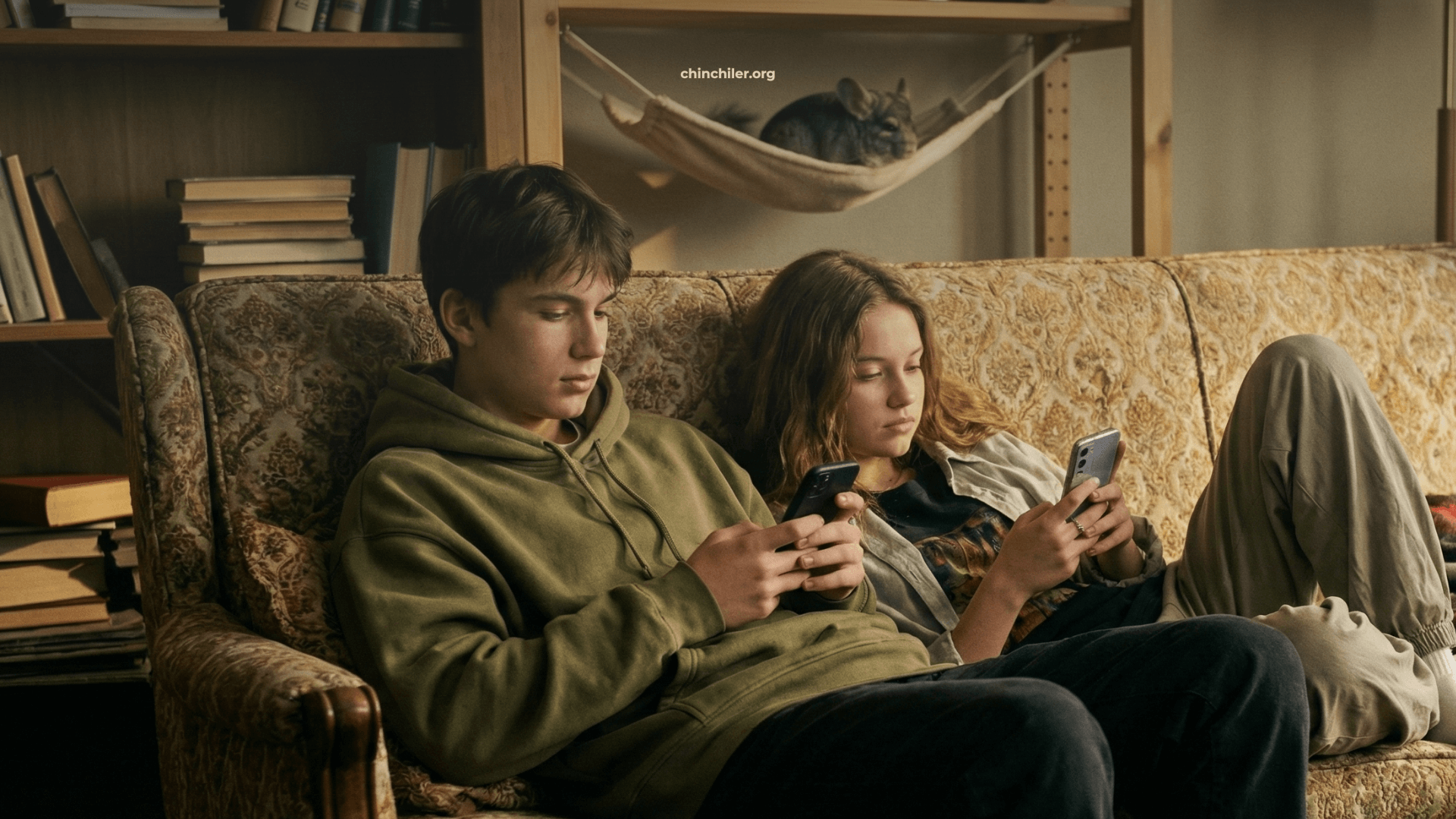 Zwei Teenager sitzen auf einem Vintage-Sofa, beide schauen auf ihre Smartphones und sind völlig entspannt. Sie „hängen“ zusammen ab, aber in Stille. Der eine trägt einen übergroßen Hoodie, der andere lockere Streetwear. Der Raum ist etwas unordentlich, aber gemütlich. Im Hintergrund schläft auf einem Regal ein Chinchilla.