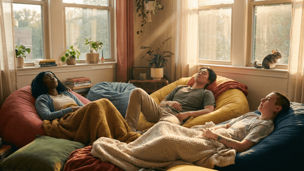 Drei junge Erwachsene liegen in verschiedenen Positionen, völlig entspannt, starren an die Decke oder schließen die Augen. Niemand spricht oder schaut auf sein Handy. Es ist ein Moment gemeinsamer, angenehmer Stille. Im Hintergrund sitzt ein Chinchilla auf der Fensterbank und schaut aus dem Fenster.