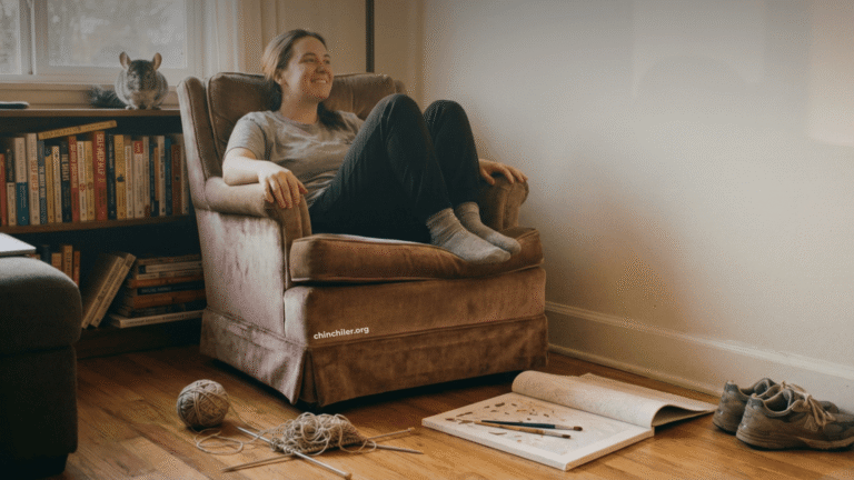 Eine Person sitzt in einem bequemen Sessel, starrt selig auf eine leere Wand und tut absolut nichts. Um den Sessel herum liegen auf dem Boden weggeworfene „produktive” Hobbyartikel: Stricknadeln mit verhedderter Wolle, ein unvollendetes Malen-nach-Zahlen-Set und staubige Laufschuhe. Im Hintergrund, auf einem Regal mit halb gelesenen Selbsthilfebüchern, blickt ein Chinchilla mit einem „ich verurteile dich”-Blick in die Kamera.