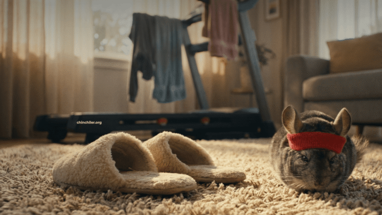 Ein Paar flauschige Hausschuhe stehen auf einem weichen Teppich. Im Hintergrund, unscharf, wird ein Laufband als Wäscheständer benutzt, bedeckt mit Wäsche. Neben den Hausschuhen sitzt ein Chinchilla mit einem winzigen Schweißband und sieht erschöpft aus.