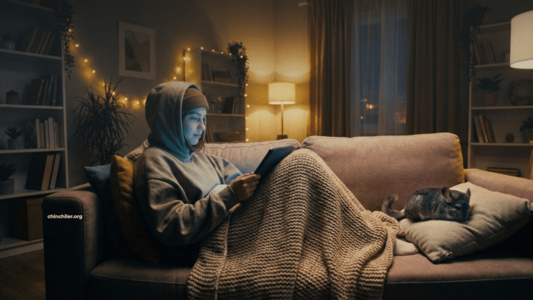 Ein junger Mensch (im Stil der Generation Alpha) liegt glücklich unter einer Decke auf einem großen Sofa zusammengerollt, ganz auf sein Tablet konzentriert, in einer sehr entspannten, lockeren Haltung. Die Atmosphäre ist gemütlich und friedlich. Neben ihm schläft ein Chinchilla tief und fest.