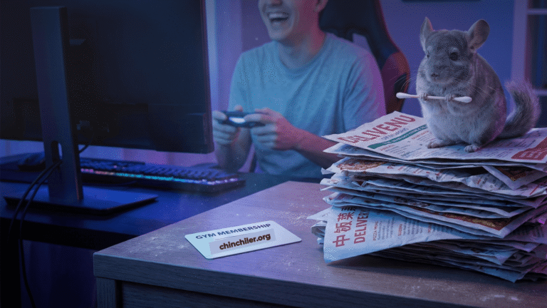 Nahaufnahme einer Fitnessstudio-Mitgliedskarte, die neben einem Stapel Liefermenüs auf einem Nachttisch verstaubt. Die Karte sieht makellos und unbenutzt aus. Im Hintergrund spielt eine Person fröhlich Videospiele. Oben auf dem Stapel Menüs sitzt ein Chinchilla und hält eine winzige Hantel in der Hand.