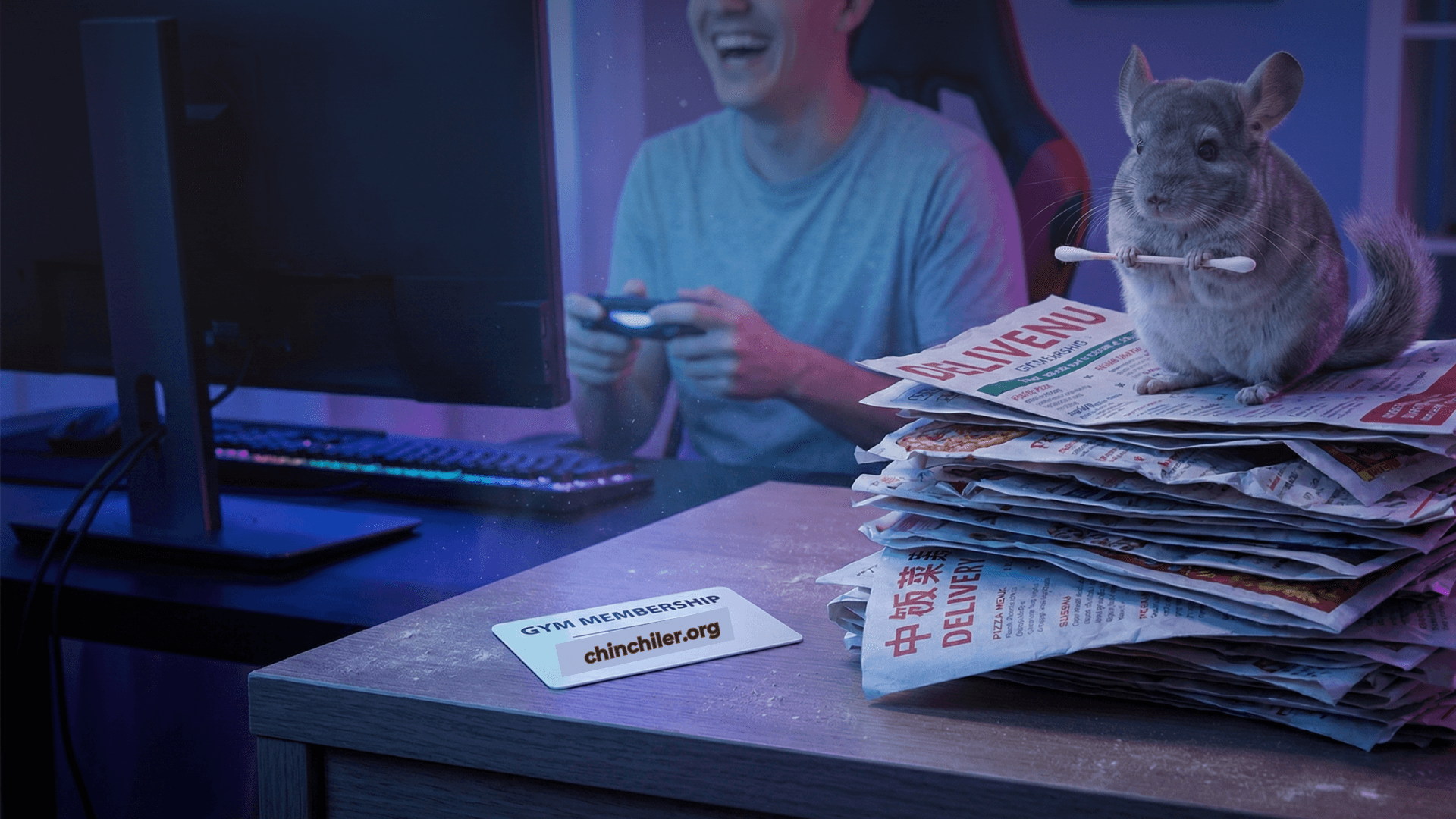 Nahaufnahme einer Fitnessstudio-Mitgliedskarte, die neben einem Stapel Liefermenüs auf einem Nachttisch verstaubt. Die Karte sieht makellos und unbenutzt aus. Im Hintergrund spielt eine Person fröhlich Videospiele. Oben auf dem Stapel Menüs sitzt ein Chinchilla und hält eine winzige Hantel in der Hand.