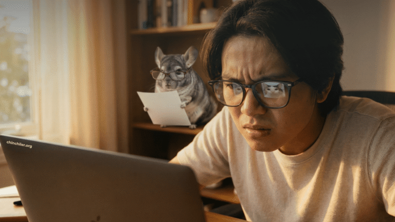 Eine Person sitzt an einem Schreibtisch in einem modernen, warm beleuchteten Heimbüro, starrt mit gerunzelter Stirn intensiv auf einen Laptop-Bildschirm und sieht extrem gestresst und beschäftigt aus. Die Reflexion in ihrer Brille verrät, dass sie eigentlich ein Meme oder ein einfaches Spiel betrachtet. Auf einem Regal im Hintergrund sitzt ein Chinchilla mit einer winzigen Brille und blickt ebenso ernst auf ein leeres Blatt Papier.