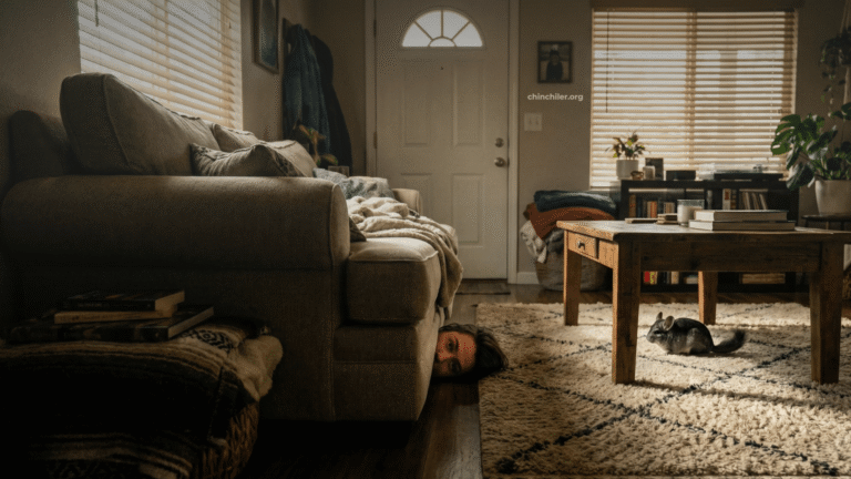 Eine Person drückt sich flach gegen den Boden unter einem großen, bequemen Sofa, versteckt sich und späht nur leicht über die Kante in Richtung einer weit entfernten Eingangstür. Der Raum ist schwach beleuchtet, um nicht entdeckt zu werden. Im Hintergrund, unter einem Couchtisch in der Nähe der versteckten Person, drückt sich auch ein Chinchilla flach gegen den Teppich und ahmt die Versteckhaltung nach.
