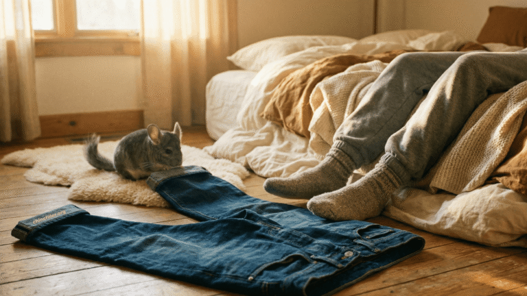 Eine steife blaue Jeans liegt zerknittert auf einem Holzboden im Vordergrund und sieht unbequem aus. Im Mittelgrund entspannen sich Beine in weichen, übergroßen grauen Jogginghosen und flauschigen Socken auf einem Plüschbett, umgeben von Bettdecken. Im Hintergrund sitzt ein kleines graues Chinchilla auf einem flauschigen Teppich neben der weggeworfenen Jeans und schnüffelt neugierig an dem Denim.