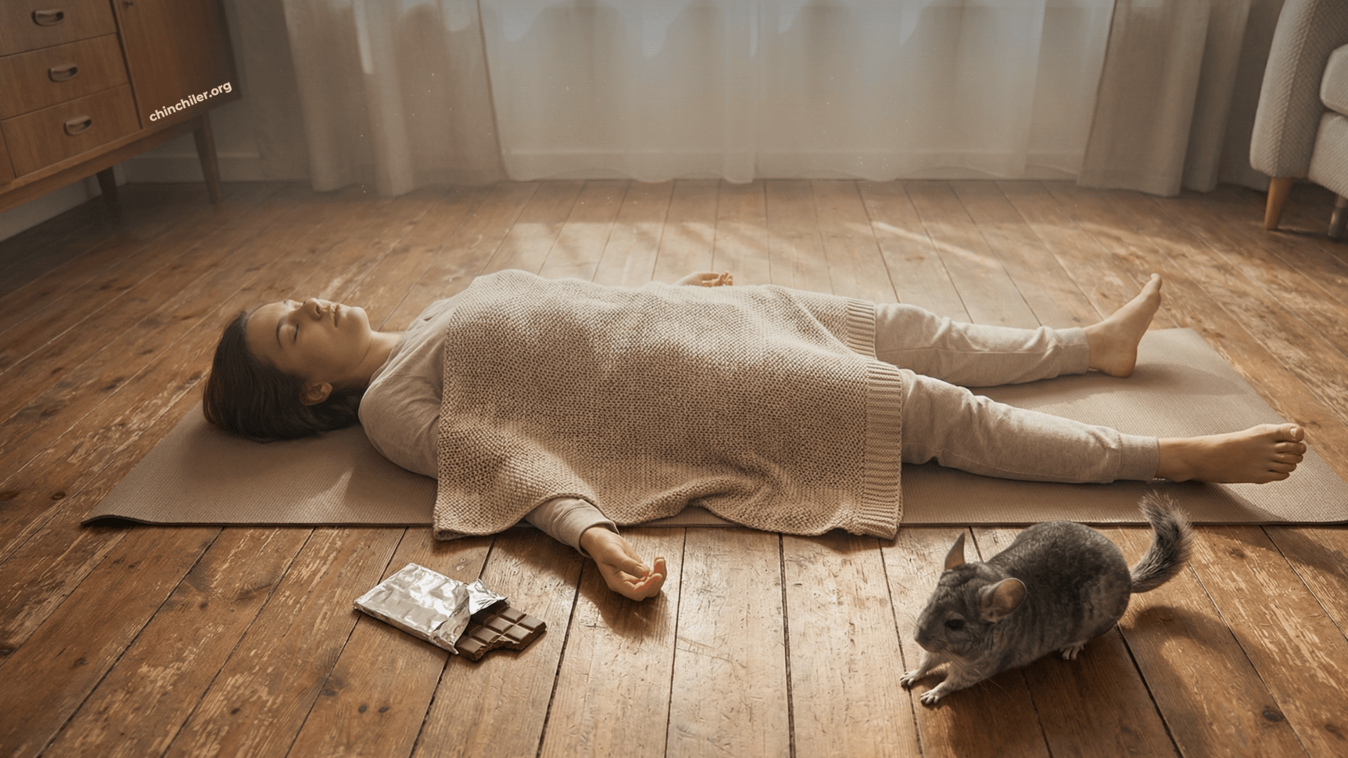 Eine friedliche Aufnahme von oben auf eine Yogamatte, die auf einem Holzboden in einem Zen-ähnlichen Wohnzimmer ausgerollt ist. Eine Person liegt in der „Leichenhaltung“ (Savasana), bedeckt mit einer kuscheligen Decke, und schläft tief und fest. Eine halb aufgegessene Tafel Schokolade liegt neben ihrer Hand. Am Fußende der Matte streckt sich ein Chinchilla spielerisch.