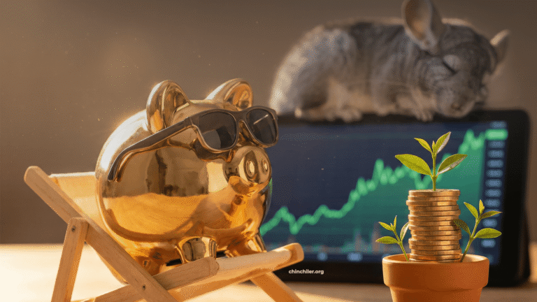 Ein goldenen Sparschweins mit Sonnenbrille, das auf einer Miniatur-Sonnenliege ruht. Es sieht äußerst entspannt aus. Daneben wächst langsam ein Stapel Münzen wie eine Pflanze. Im Hintergrund schläft ein Chinchilla auf einem steigenden Börsenchart