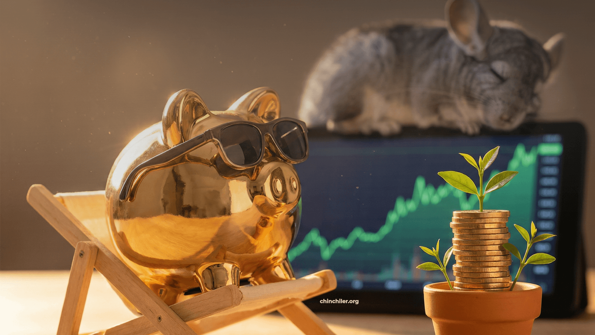 Ein goldenen Sparschweins mit Sonnenbrille, das auf einer Miniatur-Sonnenliege ruht. Es sieht äußerst entspannt aus. Daneben wächst langsam ein Stapel Münzen wie eine Pflanze. Im Hintergrund schläft ein Chinchilla auf einem steigenden Börsenchart