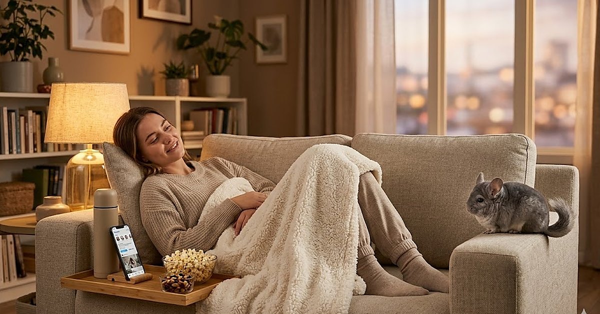 Frau entspannt auf der Couch mit Sherpa-Decke, Bambus-Tablett und Chinchilla auf der Armstütze