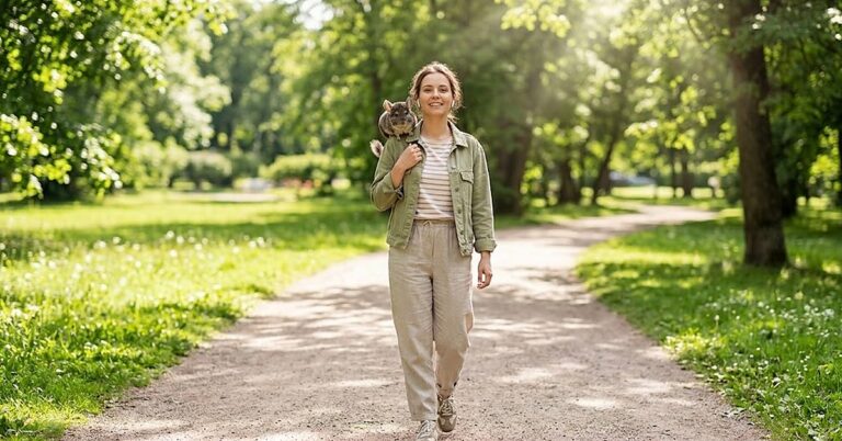 Frau spaziert entspannt durch den Park mit Chinchilla auf der Schulter