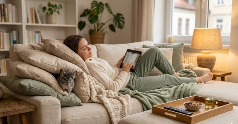 Eine junge Frau liegt entspannt auf einem gemütlichen Sofa, in weiche Decken gehüllt, die Augen halb geschlossen, eine dampfende Tasse Tee auf einem kleinen Holztisch. Ein kleines, flauschiges graues Chinchilla hat sich neben ihr auf einem Kissen zusammengerollt.