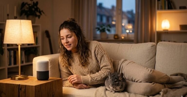 Eine junge Frau, die auf einem gemütlichen Sofa entspannt und sich ganz ungezwungen mit einem Smart Speaker auf dem Beistelltisch unterhält, während im Hintergrund das warme Umgebungslicht langsam gedimmt wird. Ein kleines, flauschiges graues Chinchilla hat sich neben ihr auf dem Kissen eingenistet.