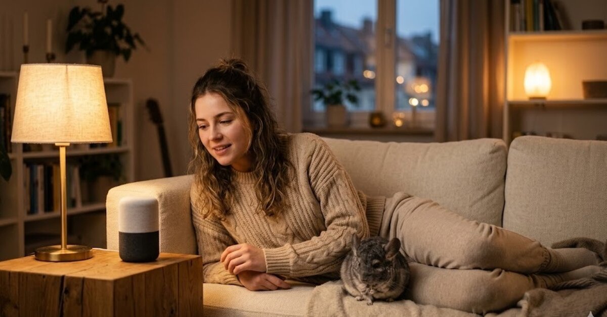 Eine junge Frau, die auf einem gemütlichen Sofa entspannt und sich ganz ungezwungen mit einem Smart Speaker auf dem Beistelltisch unterhält, während im Hintergrund das warme Umgebungslicht langsam gedimmt wird. Ein kleines, flauschiges graues Chinchilla hat sich neben ihr auf dem Kissen eingenistet.
