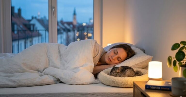 Eine Person schläft tief und fest in einem perfekt gemachten Bett, sanftes Nachtlicht fällt durch das Fenster, ein kleines, warmes Nachtlicht leuchtet auf dem Nachttisch. Ein winziges, flauschiges graues Chinchilla hat sich neben ihr auf der Matratze in einem runden Tierbett zusammengerollt und schläft.
