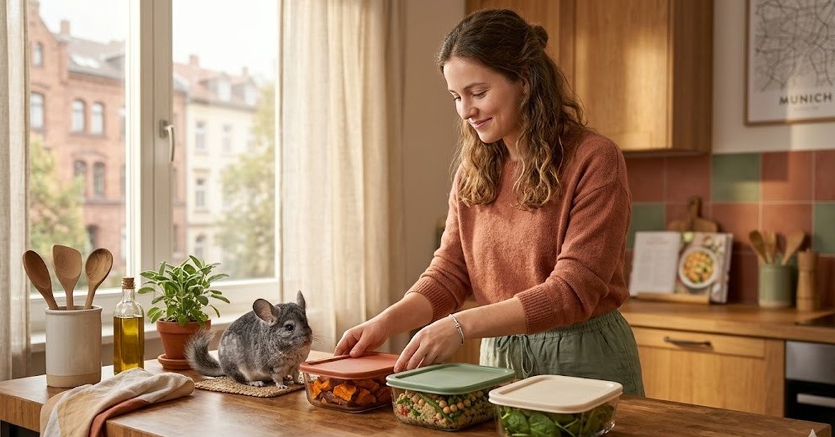 Eine junge Frau ordnet gelassen bunte Glasbehälter für die Essenszubereitung auf einer hölzernen Küchenarbeitsplatte an und wirkt dabei entspannt und zufrieden. Ein kleines, flauschiges graues Chinchilla sitzt neben den Behältern auf der Arbeitsplatte und schaut neugierig zu.