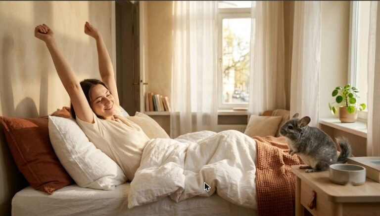 Eine Frau streckt sich glücklich und ausgeschlafen im Bett bei hellem Morgenlicht, ein Chinchilla sitzt zufrieden auf dem Nachttisch daneben