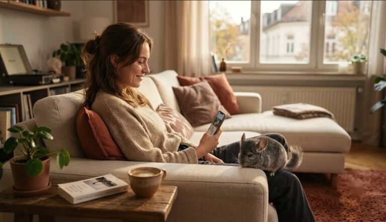 Eine Frau sitzt entspannt auf dem Sofa und schaut zufrieden auf ihr Handy, ein Chinchilla sitzt neben ihr und schaut ebenfalls interessiert aufs Display