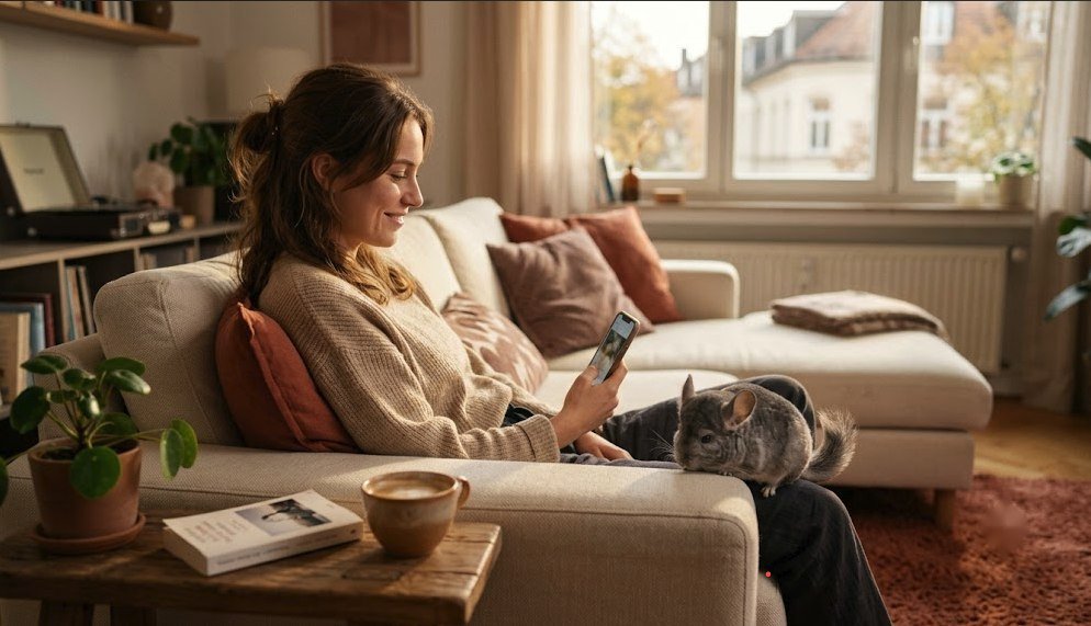 Eine Frau sitzt entspannt auf dem Sofa und schaut zufrieden auf ihr Handy, ein Chinchilla sitzt neben ihr und schaut ebenfalls interessiert aufs Display