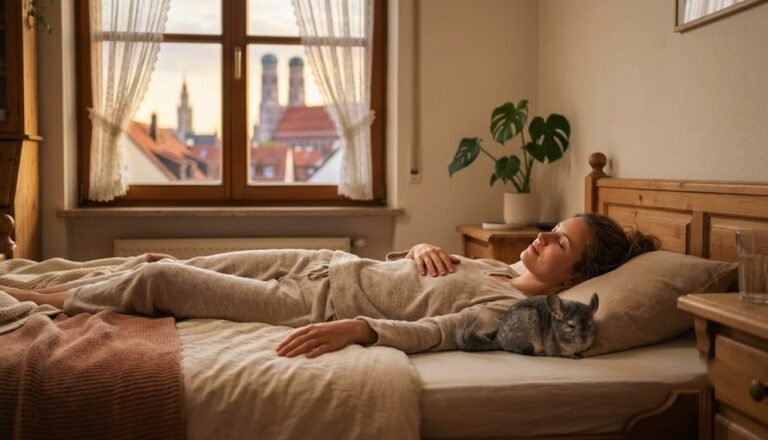 Frau liegt entspannt mit geschlossenen Augen im Bett und macht eine Atemübung, eine Hand auf der Brust, ein Chinchilla kuschelt sich neben ihr, München-Skyline mit Frauenkirche im Fenster