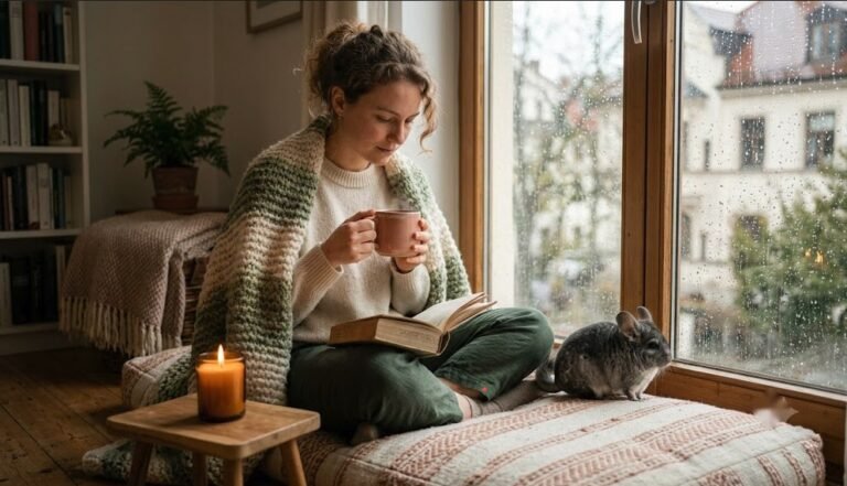 Eine Frau sitzt eingekuschelt in einer Fensternische, liest ein Buch und hält eine Tasse Tee, ein Chinchilla sitzt neben ihr am Fenster, es regnet draußen