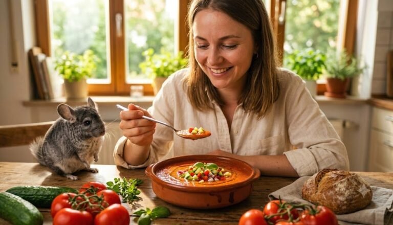 Frau isst lächelnd kalte Gazpacho-Suppe an einem sonnigen Küchentisch, umgeben von frischen Tomaten und Gurken, ein Chinchilla sitzt neben ihr auf dem Tisch