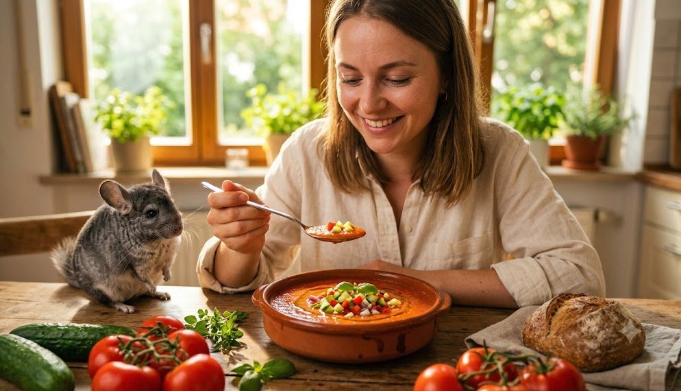 Frau isst lächelnd kalte Gazpacho-Suppe an einem sonnigen Küchentisch, umgeben von frischen Tomaten und Gurken, ein Chinchilla sitzt neben ihr auf dem Tisch