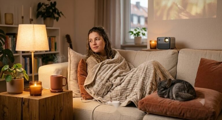 Eine Frau entspannt eingekuschelt in einer beheizten Decke auf dem Sofa, Mini-Beamer projiziert einen Film an die Wand, ein Chinchilla schläft auf einem Kissen daneben