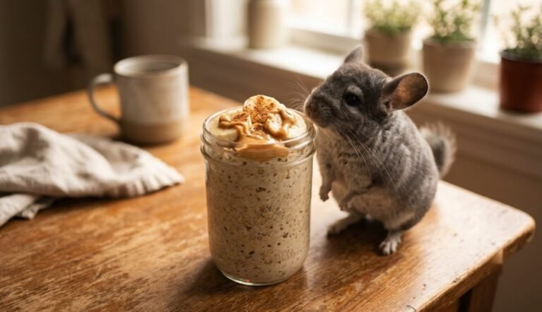 Ein Glas Overnight Oats mit Banane, Erdnussbutter und Zimt auf einem Holztisch, ein neugieriges Chinchilla schnuppert daran