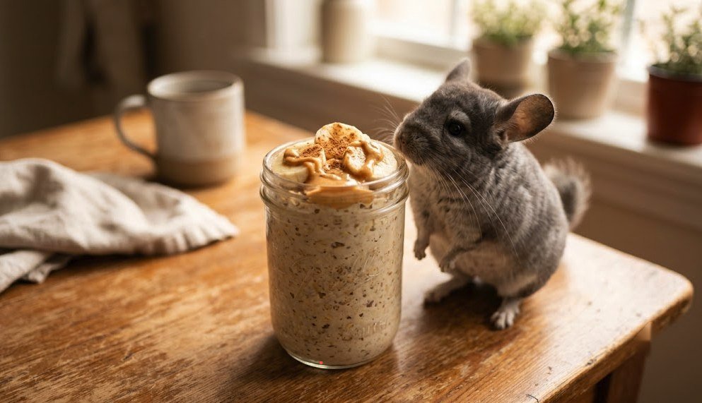 Ein Glas Overnight Oats mit Banane, Erdnussbutter und Zimt auf einem Holztisch, ein neugieriges Chinchilla schnuppert daran