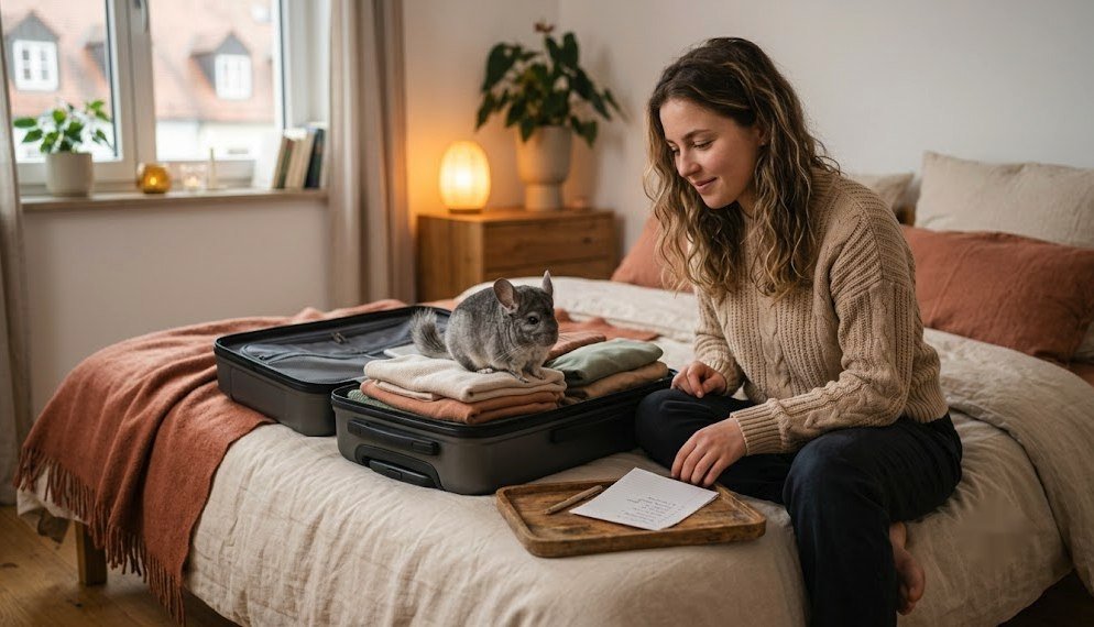 Frau sitzt entspannt auf dem Bett neben einem halb gepackten Koffer mit ordentlich gefalteter Kleidung und einer handgeschriebenen Packliste, ein Chinchilla sitzt oben auf der Kleidung im Koffer
