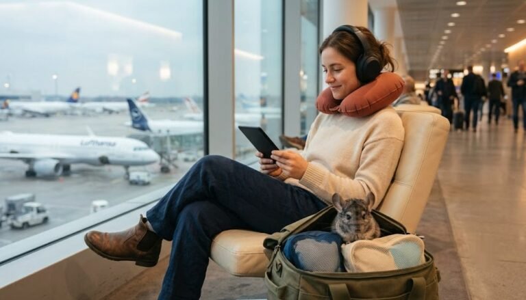 Frau sitzt entspannt mit Noise-Cancelling-Kopfhörern und Nackenkissen in einer Flughafenlounge und liest auf einem E-Reader, ein Chinchilla schaut aus ihrer Reisetasche mit Packing Cubes