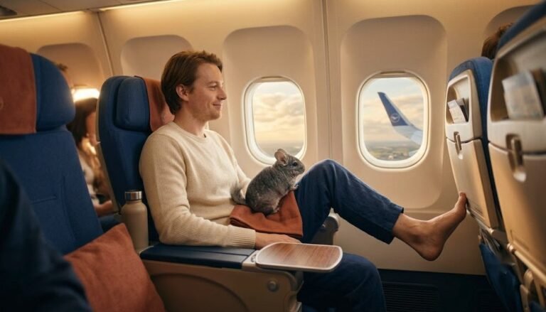 Mann sitzt entspannt im Flugzeugfenstersitz, Fuß auf der Fußstütze hochgelegt, ein Chinchilla sitzt auf seinem Schoß und schaut aus dem Fenster