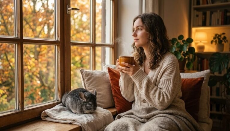 Frau sitzt nachdenklich am Fenster mit einer Tasse Tee und blickt auf herbstlich gefärbte Blätter, ein Chinchilla liegt zusammengerollt auf dem Fensterbrett neben ihr