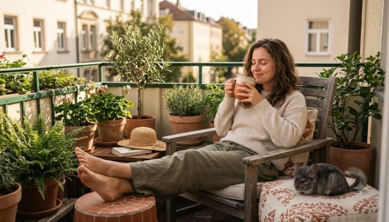 Frau entspannt mit einer Tasse Kaffee auf ihrem eigenen Balkon, Füße hochgelegt, umgeben von Topfpflanzen und einem Sonnenhut, ein Chinchilla liegt neben ihr auf einem Kissen