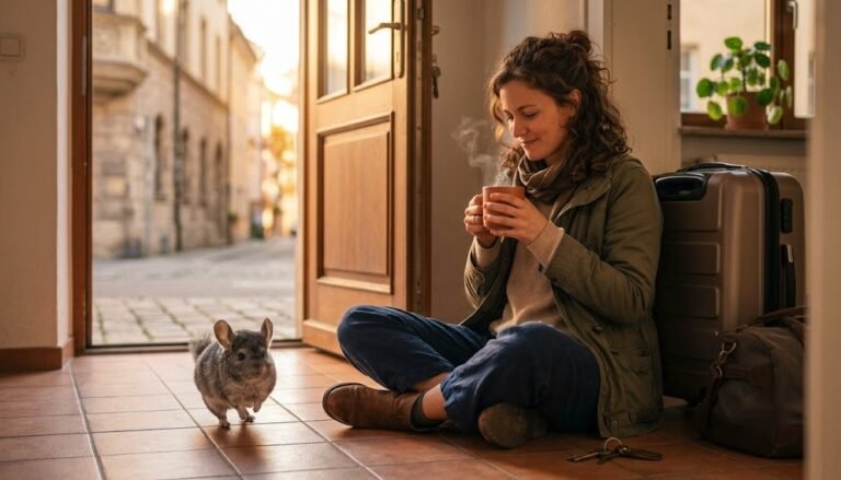 Frau sitzt entspannt mit einer Tasse Kaffee auf dem Boden neben ihrem Koffer direkt nach der Ankunft zuhause, ein Chinchilla läuft freudig auf sie zu, Blick durch die offene Haustür auf eine Altstadtgasse